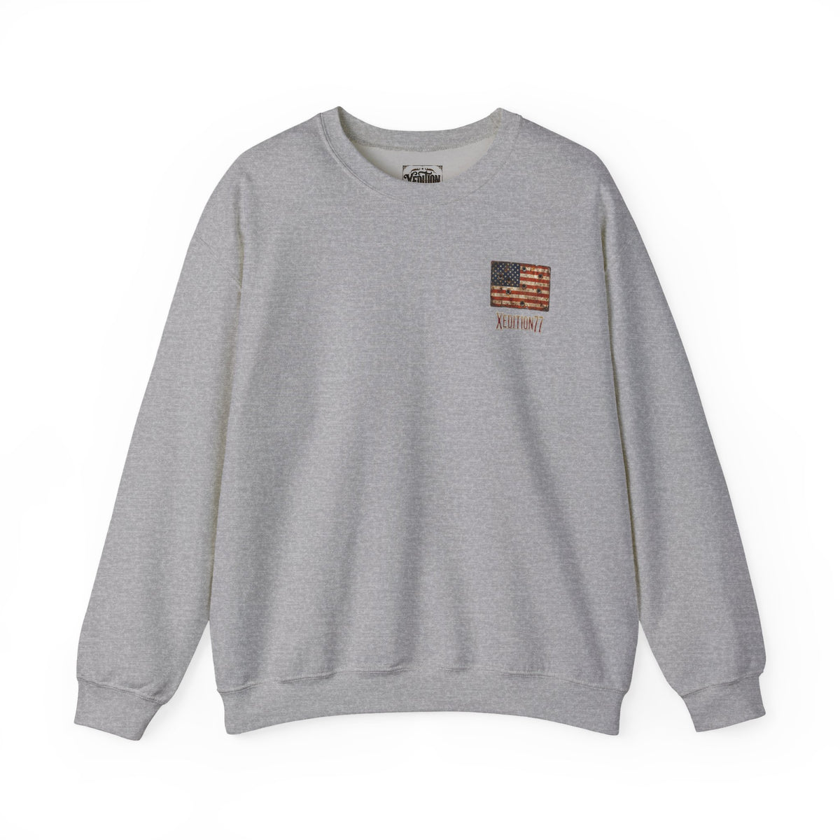 Crewneck Sweatshirt — Distressed American Flag "ADVENTURE" Chest Graphic