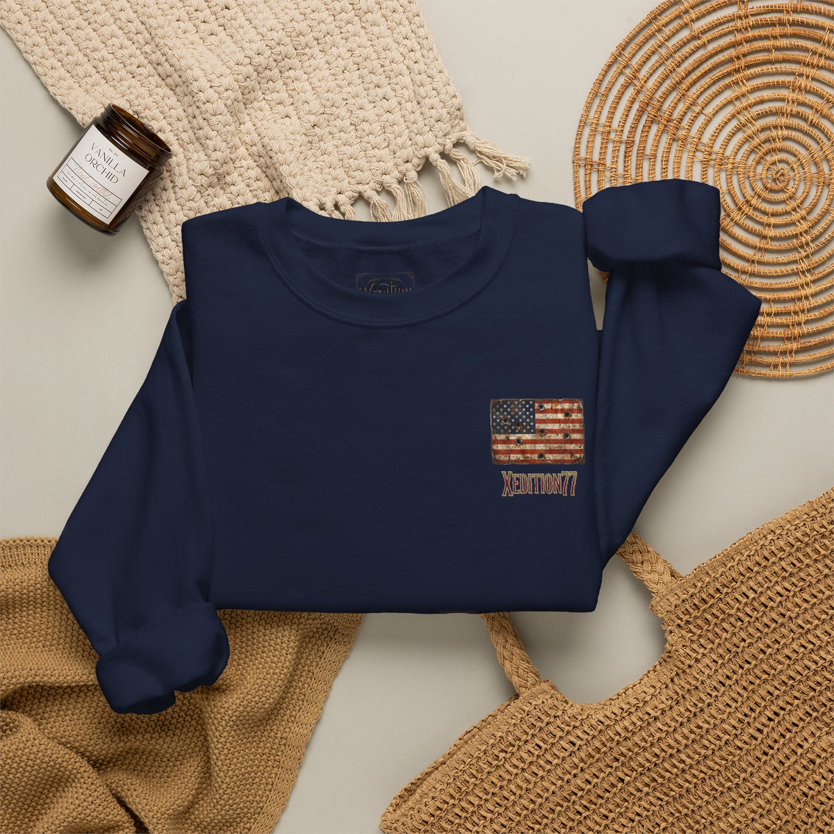 Crewneck Sweatshirt — Distressed American Flag "ADVENTURE" Chest Graphic