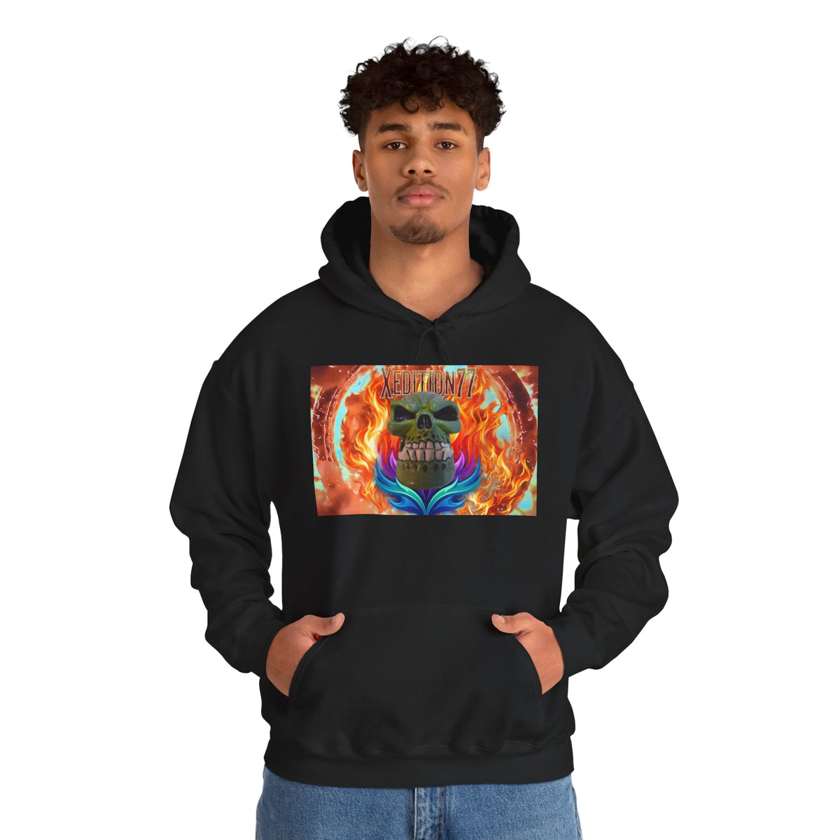 XEDITION77 Skull Flame Hoodie – Colorful Flaming Skull Graphic Pullover
