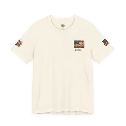 American Flag Pocket T‑Shirt — Rustic USA Patriot Tee with ‘All Veterans’ Text