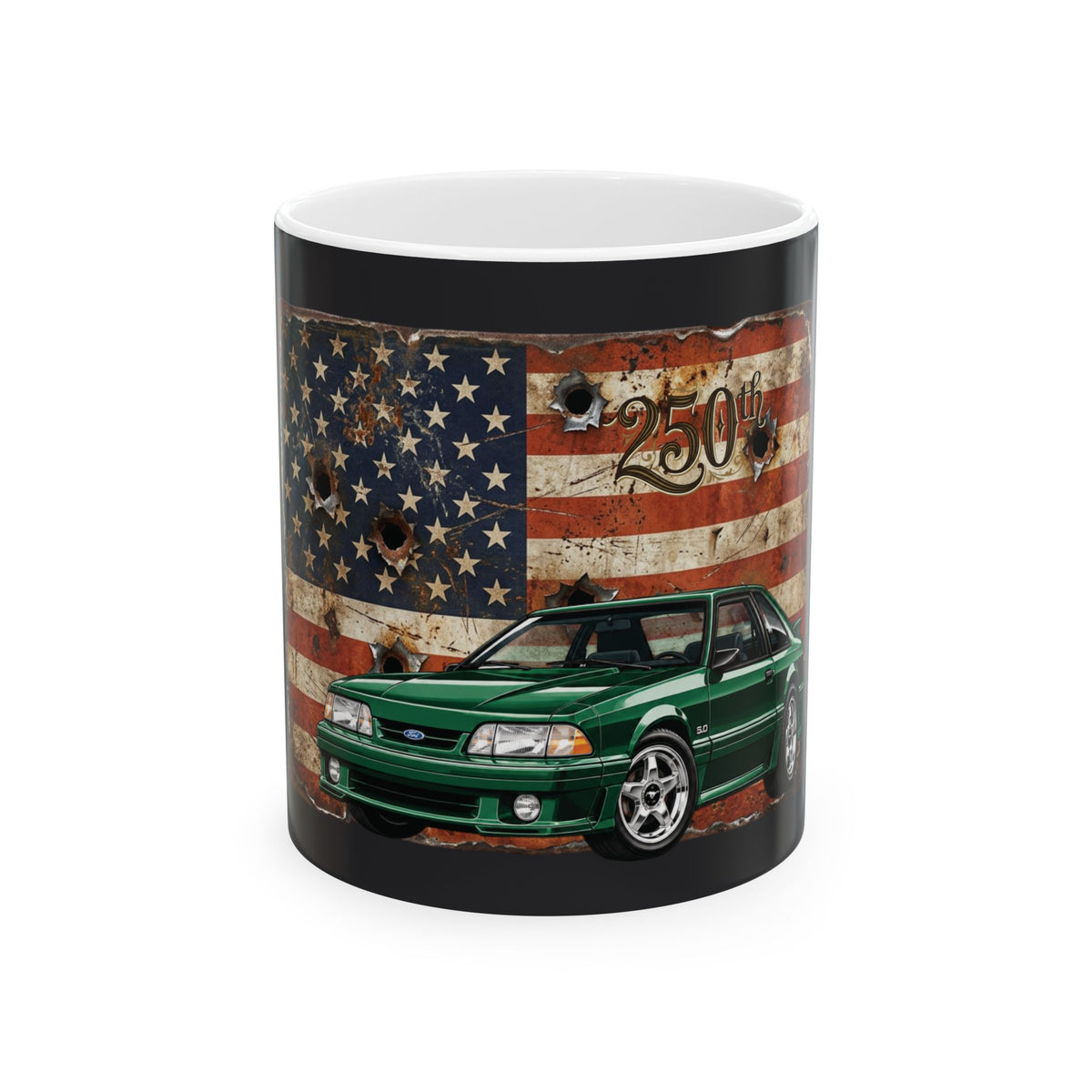 American Muscle Car Mug — Green Foxbody Mustang with Distressed Flag (11oz/15oz)