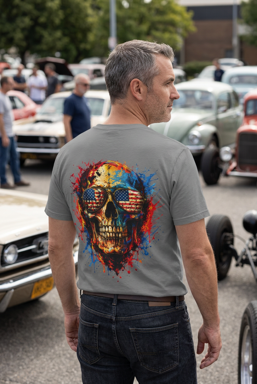 American Flag Skull T-Shirt — Patriotic Skull Tee with Flag Sunglasses